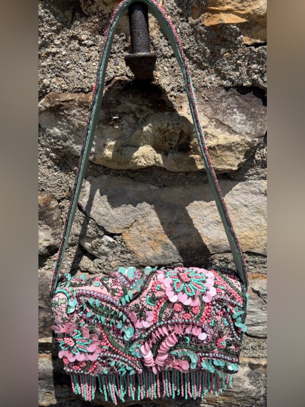 Viral Beaded pink Paisley Fringe purse bag